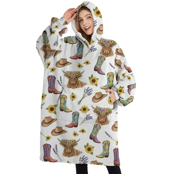 Oversized Wearable Blanket Hoodie,Highland Cow Sunflower Boot Hat Pattern Sherpa Blanket Hoodie with Super Pockets,Super Warm Fuzzy Pullover for Women & Men