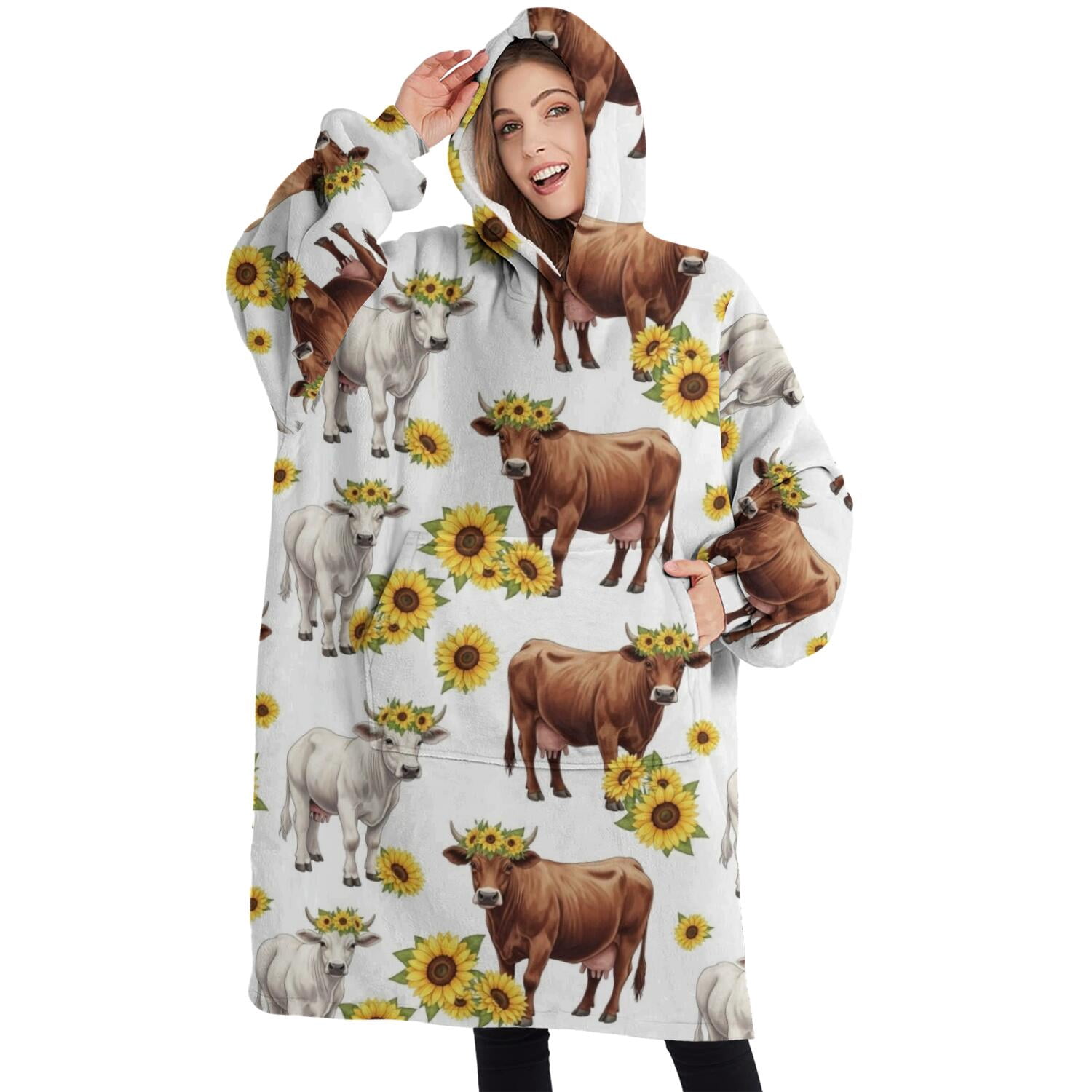 Oversized Wearable Blanket Hoodie,Highland Cow Sunflower Cow Pattern Sherpa Blanket Hoodie with Super Pockets,Super Warm Fuzzy Pullover for Women & Men