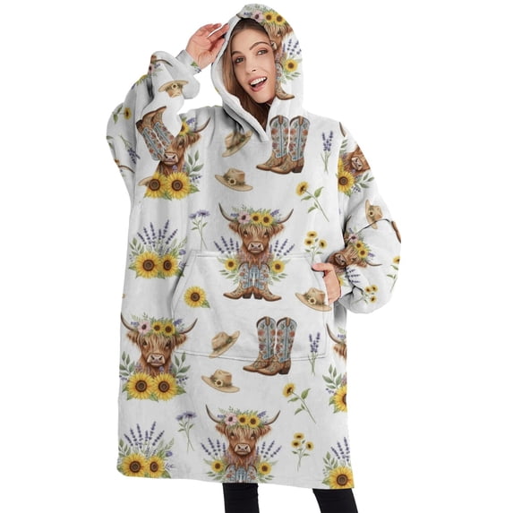 Oversized Wearable Blanket Hoodie,Highland Cow Sunflower Hat Boot Pattern Sherpa Blanket Hoodie with Super Pockets,Super Warm Fuzzy Pullover for Women & Men