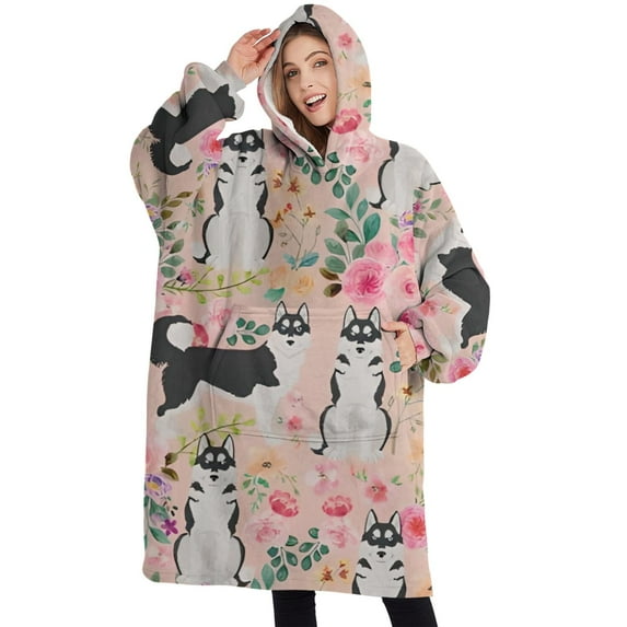Oversized Wearable Blanket Hoodie,Husky Dog Flower Floral Sherpa Blanket Hoodie with Super Pockets,Super Warm Fuzzy Pullover for Women & Men