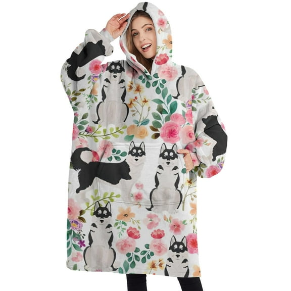 Oversized Wearable Blanket Hoodie,Husky Dog Flower Floral Sherpa Blanket Hoodie with Super Pockets,Super Warm Fuzzy Pullover for Women & Men