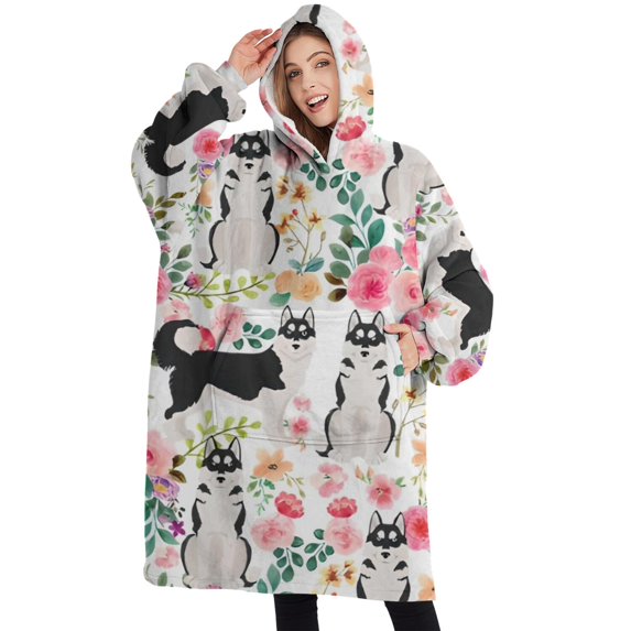 Oversized Wearable Blanket Hoodie,Husky Dog Flower Floral Sherpa Blanket Hoodie with Super Pockets,Super Warm Fuzzy Pullover for Women & Men