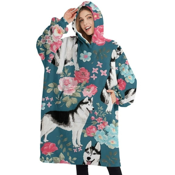 Oversized Wearable Blanket Hoodie,Husky Dog Flower Floral Sherpa Blanket Hoodie with Super Pockets,Super Warm Fuzzy Pullover for Women & Men