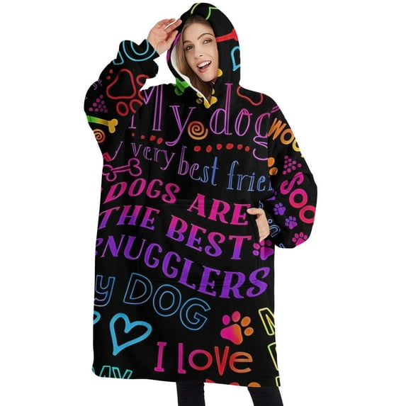 Oversized Wearable Blanket Hoodie,I Love My Dogs Art Sherpa Blanket Hoodie with Super Pockets,Super Warm Fuzzy Pullover for Women & Men