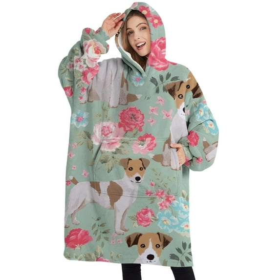 Oversized Wearable Blanket Hoodie,Jack Russell Terrier Dog and Flower Sherpa Blanket Hoodie with Super Pockets,Super Warm Fuzzy Pullover for Women & Men