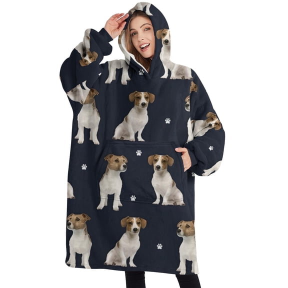 Oversized Wearable Blanket Hoodie,Jack Russell Terrier Sherpa Blanket Hoodie with Super Pockets,Super Warm Fuzzy Pullover for Women & Men