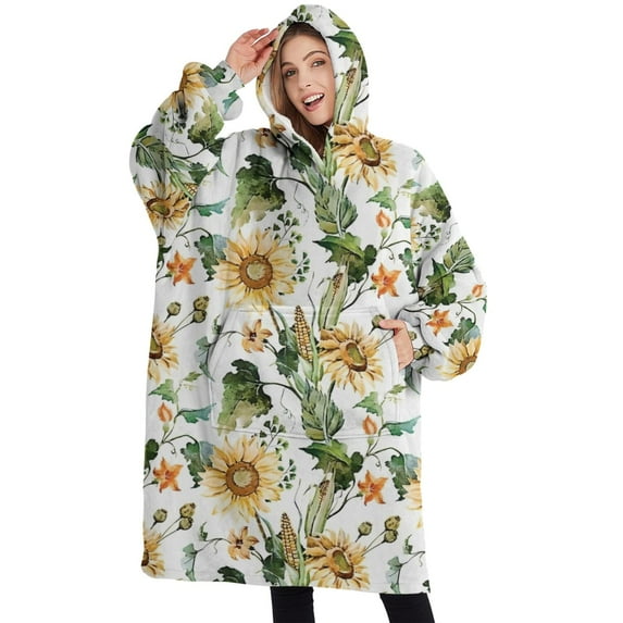 Oversized Wearable Blanket Hoodie,Leaf Orange Flower Corn Sunflower Pattern Sherpa Blanket Hoodie with Super Pockets,Super Warm Fuzzy Pullover for Women & Men