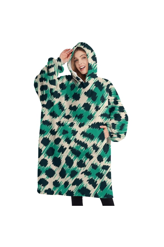 Oversized Wearable Blanket Hoodie,Leopard Pattern with Green and Black Spots Sherpa Blanket Hoodie with Super Pockets,Super Warm Fuzzy Pullover for Women & Men