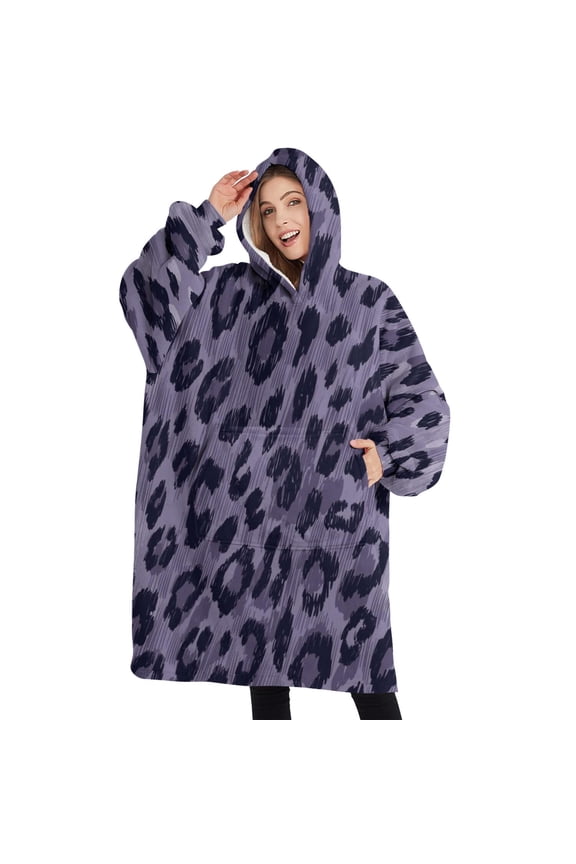 Oversized Wearable Blanket Hoodie,Leopard Pattern Purple Sherpa Blanket Hoodie with Super Pockets,Super Warm Fuzzy Pullover for Women & Men