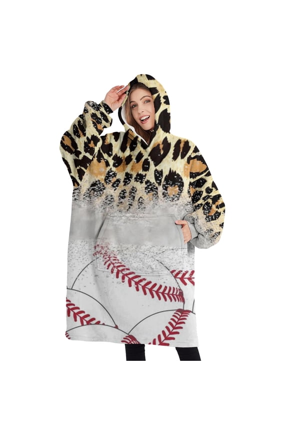 Oversized Wearable Blanket Hoodie,Leopard Print and Baseballs Pattern Sherpa Blanket Hoodie with Super Pockets,Super Warm Fuzzy Pullover for Women & Men