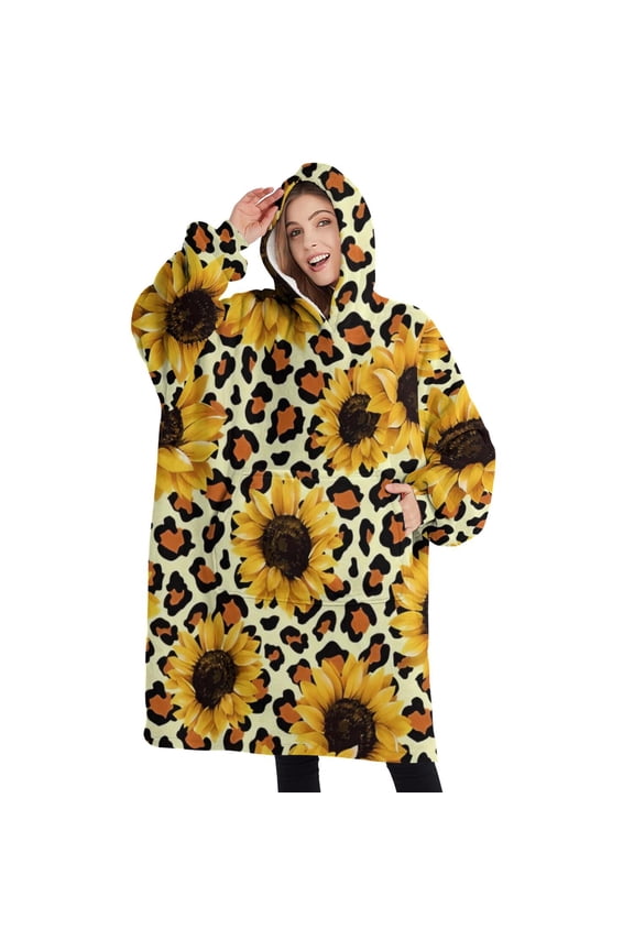 Oversized Wearable Blanket Hoodie,Leopard Sunflower Pattern Sherpa Blanket Hoodie with Super Pockets,Super Warm Fuzzy Pullover for Women & Men