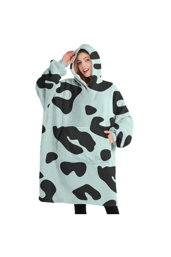 Oversized Wearable Blanket Hoodie,Light Blue and Black Of Leopard Print Sherpa Blanket Hoodie with Super Pockets,Super Warm Fuzzy Pullover for Women & Men