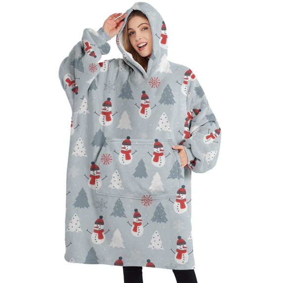 Oversized Wearable Blanket Hoodie,Light Blue Christmas Snowman and Tree Pattern Sherpa Blanket Hoodie with Super Pockets,Super Warm Fuzzy Pullover for Women & Men