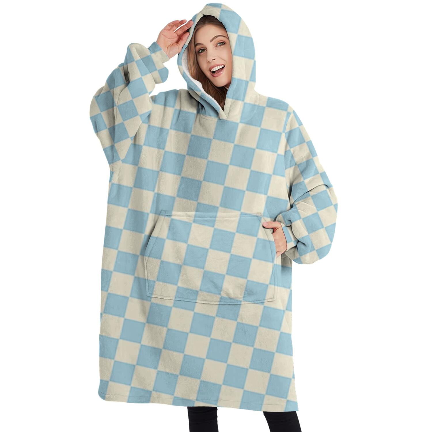 Oversized Wearable Blanket Hoodie,Light Blue and Cream Checkered Pattern Sherpa Blanket Hoodie with Super Pockets,Super Warm Fuzzy Pullover for Women & Men