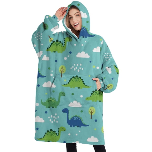Oversized Wearable Blanket Hoodie,Light Blue Dinosaurs Clouds Trees Pattern Sherpa Blanket Hoodie with Super Pockets,Super Warm Fuzzy Pullover for Women & Men
