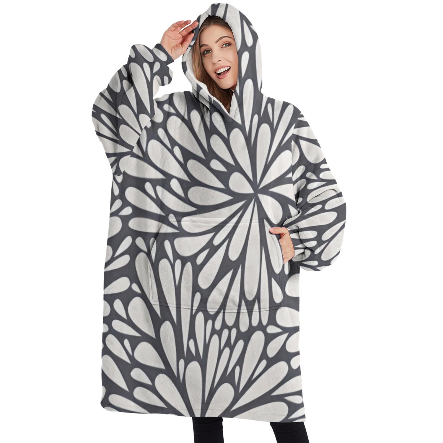 Oversized Wearable Blanket Hoodie,Light Dark Floral Burst Pattern Sherpa Blanket Hoodie with Super Pockets,Super Warm Fuzzy Pullover for Women & Men