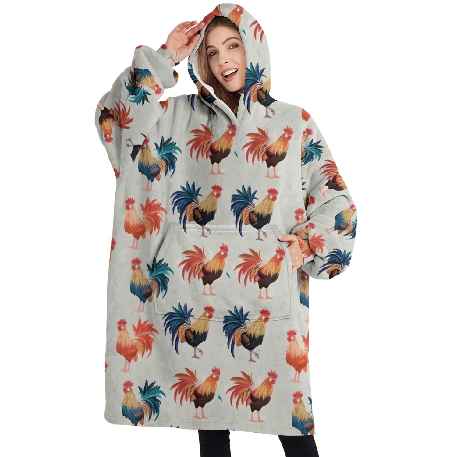 Oversized Wearable Blanket Hoodie,Light Gray Chicken Rooster Pattern Sherpa Blanket Hoodie with Super Pockets,Super Warm Fuzzy Pullover for Women & Men