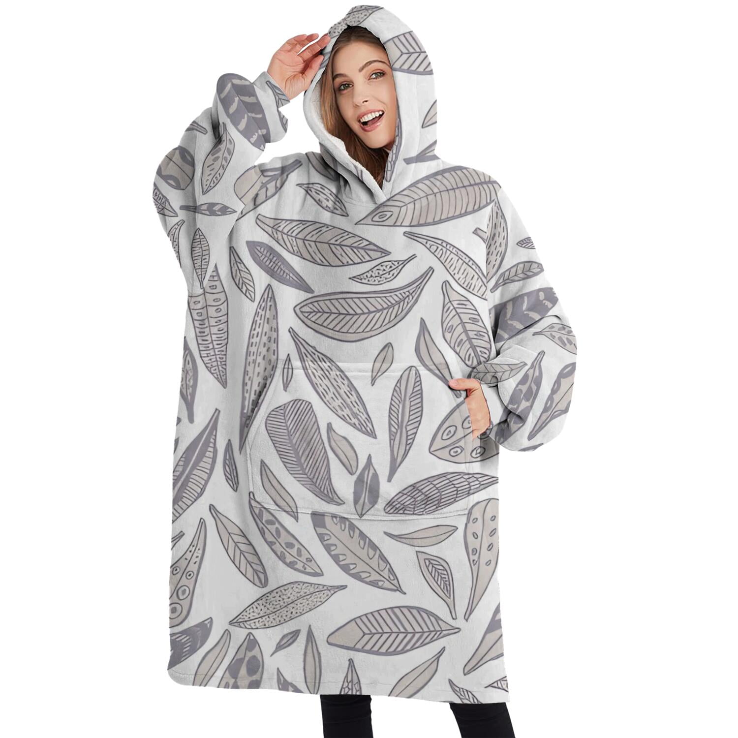 Oversized Wearable Blanket Hoodie,Light Grey Leaf Like Pattern Sherpa Blanket Hoodie with Super Pockets,Super Warm Fuzzy Pullover for Women & Men