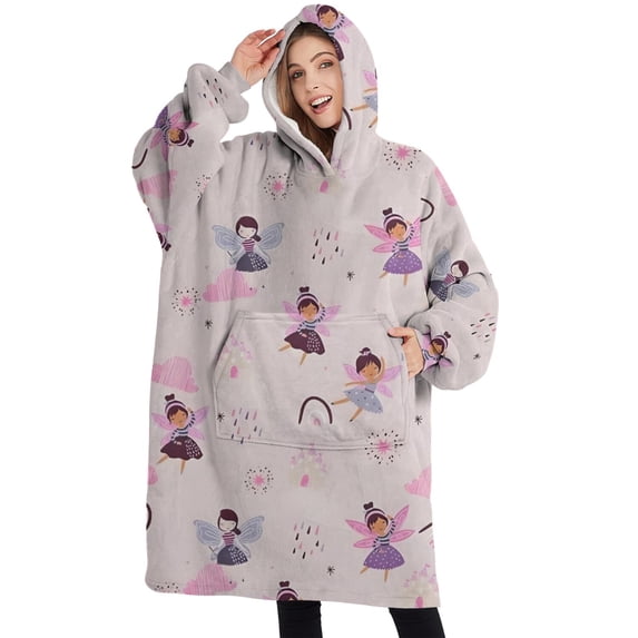 Oversized Wearable Blanket Hoodie,Light Pink Fairy Pattern Sherpa Blanket Hoodie with Super Pockets,Super Warm Fuzzy Pullover for Women & Men