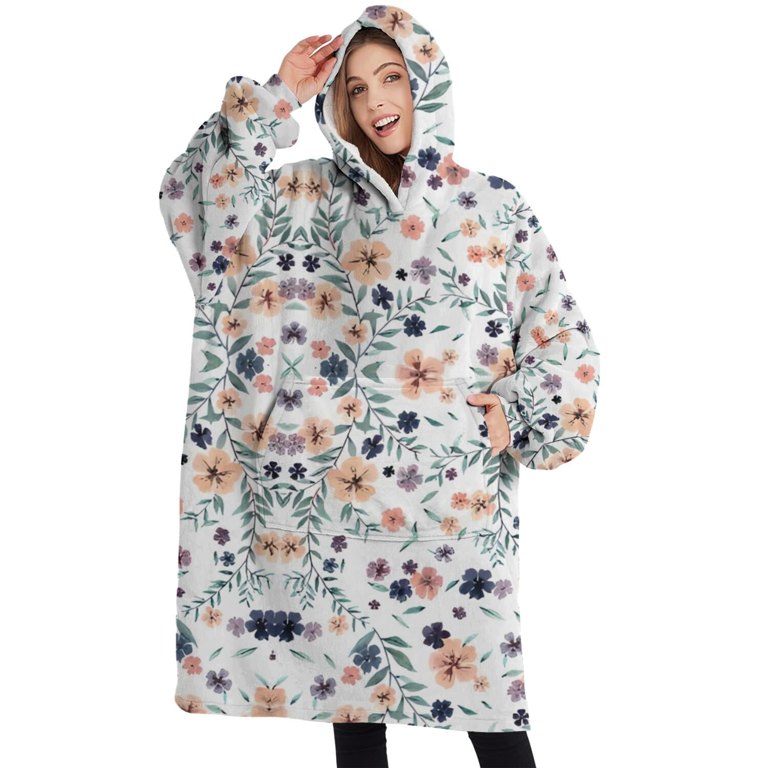 Oversized Wearable Blanket Hoodie,Light Pioneer Flower Pattern Sherpa Blanket Hoodie with Super Pockets,Super Warm Fuzzy Pullover for Women & Men