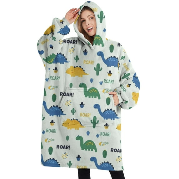 Oversized Wearable Blanket Hoodie,Light Toned Dinosaur with ROAR Pattern Sherpa Blanket Hoodie with Super Pockets,Super Warm Fuzzy Pullover for Women & Men