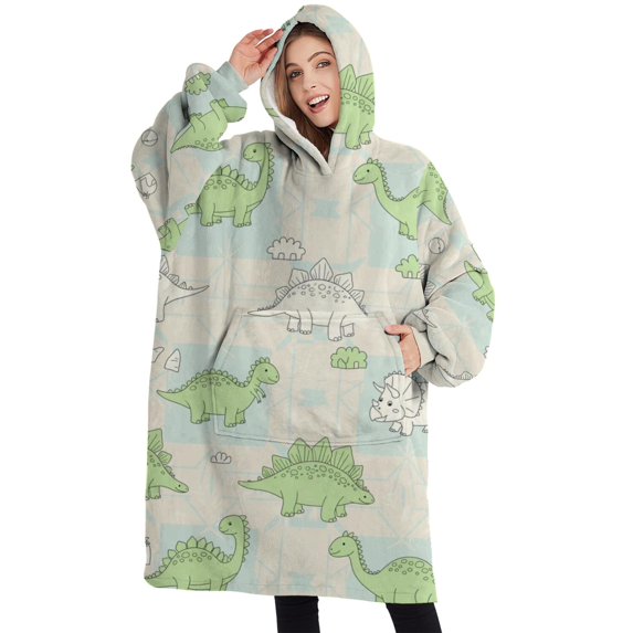 Oversized Wearable Blanket Hoodie,LightBeige Cartoon Dinosaurs Geometric Pattern Sherpa Blanket Hoodie with Super Pockets,Super Warm Fuzzy Pullover for Women & Men
