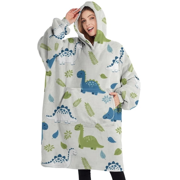 Oversized Wearable Blanket Hoodie,LightBeige Cartoon Dinosaurs Plants Pattern Sherpa Blanket Hoodie with Super Pockets,Super Warm Fuzzy Pullover for Women & Men