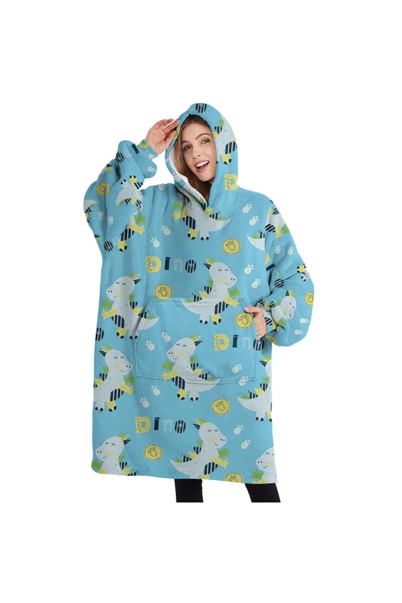 Oversized Wearable Blanket Hoodie,LightBlue Cartoon Dinosaurs Pattern Sherpa Blanket Hoodie with Super Pockets,Super Warm Fuzzy Pullover for Women & Men