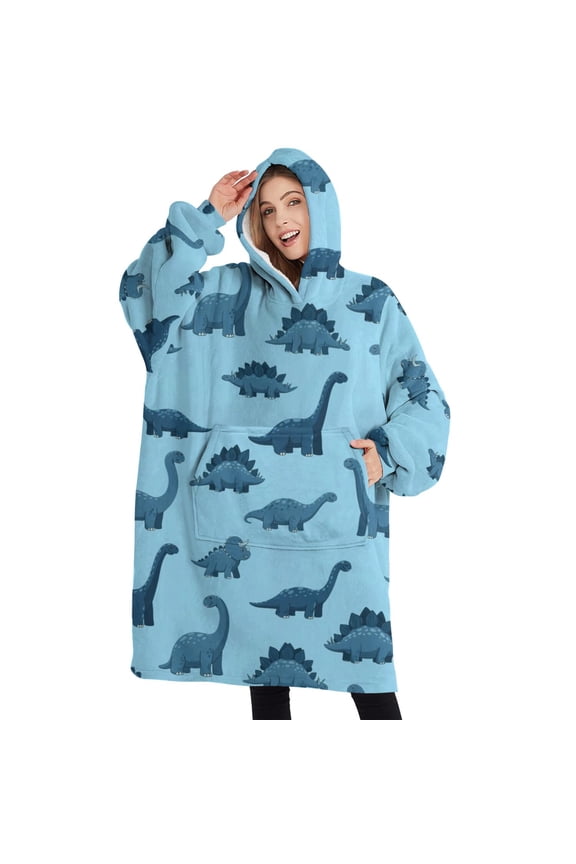 Oversized Wearable Blanket Hoodie,LightBlue Cartoon Dinosaurs Pattern Sherpa Blanket Hoodie with Super Pockets,Super Warm Fuzzy Pullover for Women & Men
