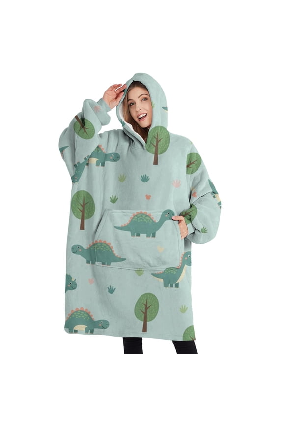 Oversized Wearable Blanket Hoodie,LightBlue Cartoon Dinosaurs Trees Pattern Sherpa Blanket Hoodie with Super Pockets,Super Warm Fuzzy Pullover for Women & Men
