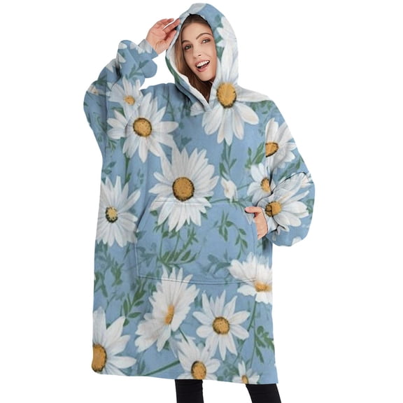 Oversized Wearable Blanket Hoodie,Lightblue Daisy Flower Green Leaves Pattern Sherpa Blanket Hoodie with Super Pockets,Super Warm Fuzzy Pullover for Women & Men