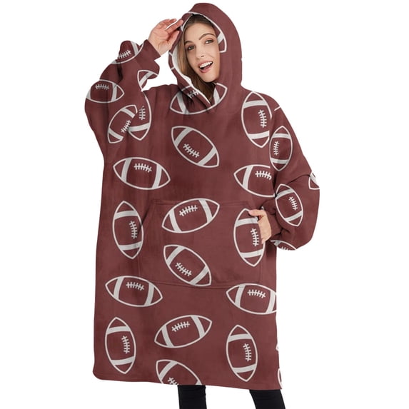 Oversized Wearable Blanket Hoodie,Maroon Footballs Pattern Sherpa Blanket Hoodie with Super Pockets,Super Warm Fuzzy Pullover for Women & Men