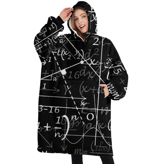 Oversized Wearable Blanket Hoodie,Math Equations Algebra Black Pattern Sherpa Blanket Hoodie with Super Pockets,Super Warm Fuzzy Pullover for Women & Men