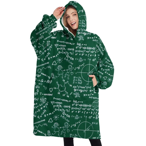 Oversized Wearable Blanket Hoodie,Math Equations Chalkboard Formulas Green Pattern Sherpa Blanket Hoodie with Super Pockets,Super Warm Fuzzy Pullover for Women & Men