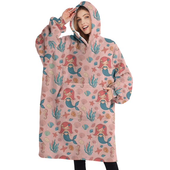 Oversized Wearable Blanket Hoodie,Mermaid Princess Sea Pattern Sherpa Blanket Hoodie with Super Pockets,Super Warm Fuzzy Pullover for Women & Men