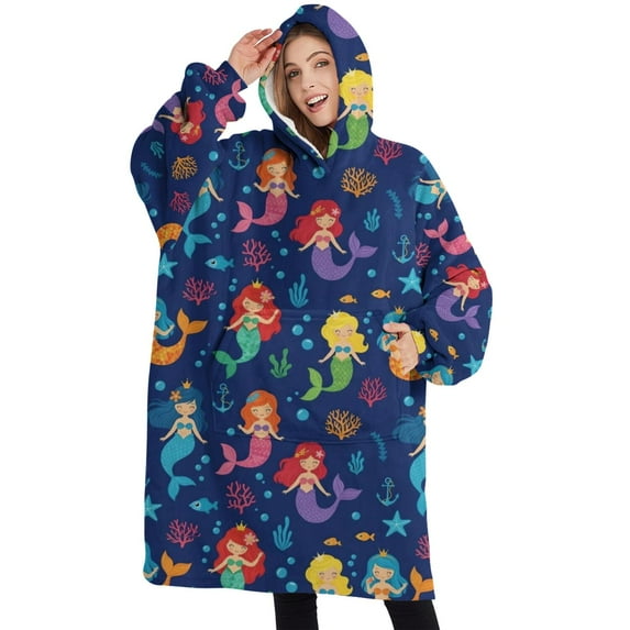 Oversized Wearable Blanket Hoodie,Mermaid Sea Princess Pattern Sherpa Blanket Hoodie with Super Pockets,Super Warm Fuzzy Pullover for Women & Men