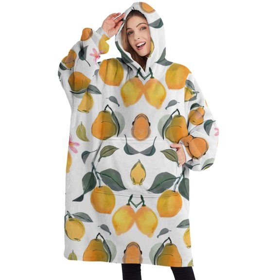 Oversized Wearable Blanket Hoodie,Mixed Fruits Leaves White Pattern Sherpa Blanket Hoodie with Super Pockets,Super Warm Fuzzy Pullover for Women & Men