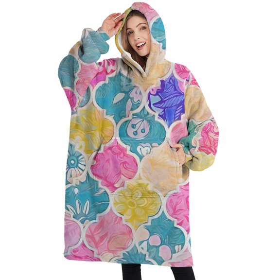 Oversized Wearable Blanket Hoodie,Multi Color Floral Checkered Pattern Sherpa Blanket Hoodie with Super Pockets,Super Warm Fuzzy Pullover for Women & Men