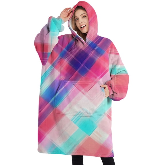Oversized Wearable Blanket Hoodie,Multi Color Plaid Checkered Pattern Sherpa Blanket Hoodie with Super Pockets,Super Warm Fuzzy Pullover for Women & Men