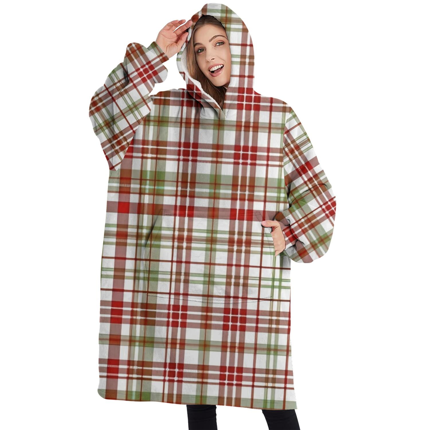 Oversized Wearable Blanket Hoodie,Multi Color Plaid Checkered Pattern Sherpa Blanket Hoodie with Super Pockets,Super Warm Fuzzy Pullover for Women & Men