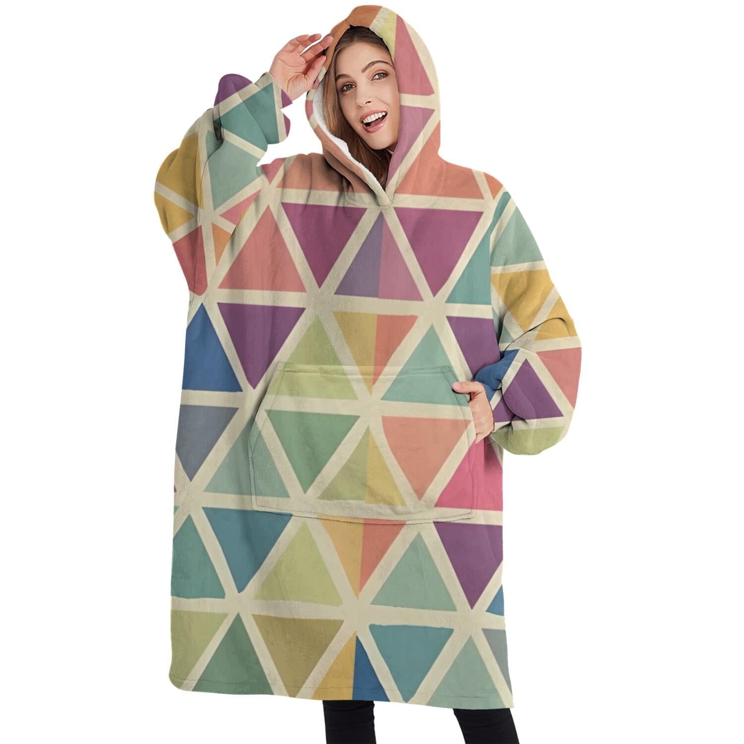 Oversized Wearable Blanket Hoodie,Multi Color Triangle Checkered Pattern Sherpa Blanket Hoodie with Super Pockets,Super Warm Fuzzy Pullover for Women & Men