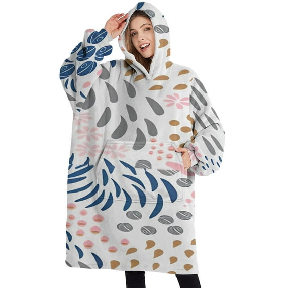 Oversized Wearable Blanket Hoodie,Multicolor Abstract Floral and Leaf Pattern Sherpa Blanket Hoodie with Super Pockets,Super Warm Fuzzy Pullover for Women & Men