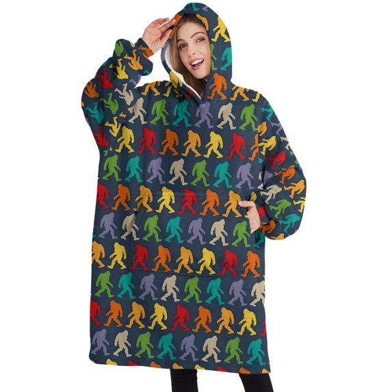 Oversized Wearable Blanket Hoodie,Multicolor Bigfoot Pattern Sherpa Blanket Hoodie with Super Pockets,Super Warm Fuzzy Pullover for Women & Men