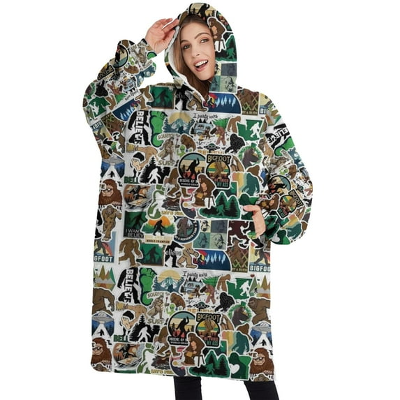 Oversized Wearable Blanket Hoodie,Multicolor Bigfoot and Sticker Pattern Sherpa Blanket Hoodie with Super Pockets,Super Warm Fuzzy Pullover for Women & Men