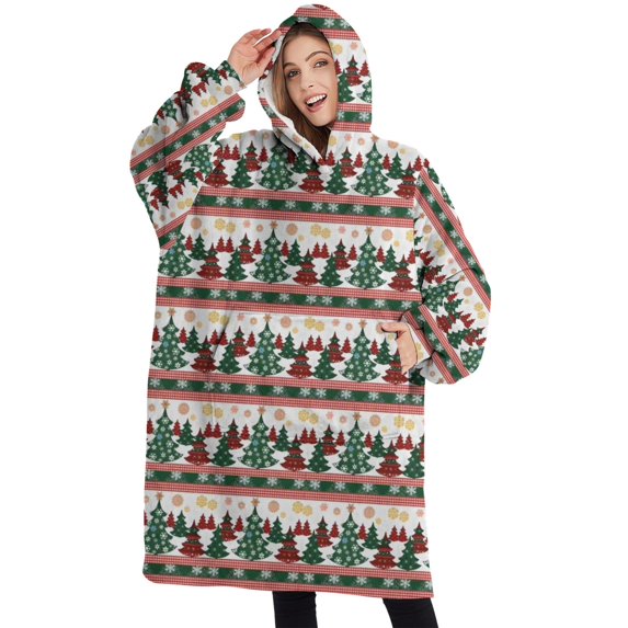 Oversized Wearable Blanket Hoodie,Multicolor Christmas Tree Pattern Sherpa Blanket Hoodie with Super Pockets,Super Warm Fuzzy Pullover for Women & Men