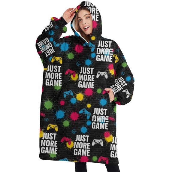 Oversized Wearable Blanket Hoodie,Multicolor Controllers Games Icons Black Pattern Sherpa Blanket Hoodie with Super Pockets,Super Warm Fuzzy Pullover for Women & Men
