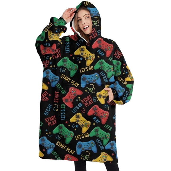 Oversized Wearable Blanket Hoodie,Multicolor Controllers Games Icons Black Pattern Sherpa Blanket Hoodie with Super Pockets,Super Warm Fuzzy Pullover for Women & Men