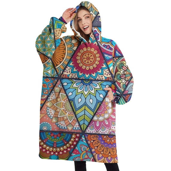 Oversized Wearable Blanket Hoodie,Multicolor Ethnic Geometric Pattern Sherpa Blanket Hoodie with Super Pockets,Super Warm Fuzzy Pullover for Women & Men