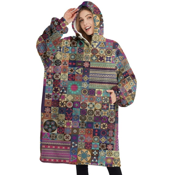 Oversized Wearable Blanket Hoodie,Multicolor Ethnic Patchwork Pattern Sherpa Blanket Hoodie with Super Pockets,Super Warm Fuzzy Pullover for Women & Men