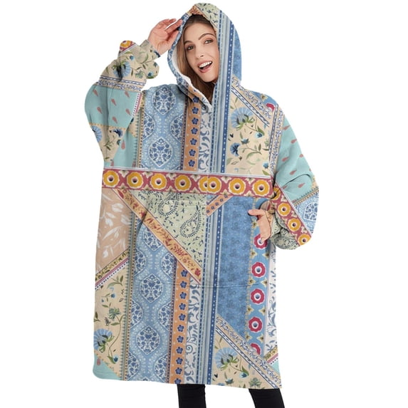 Oversized Wearable Blanket Hoodie,Multicolor Ethnic Striped Pattern Sherpa Blanket Hoodie with Super Pockets,Super Warm Fuzzy Pullover for Women & Men